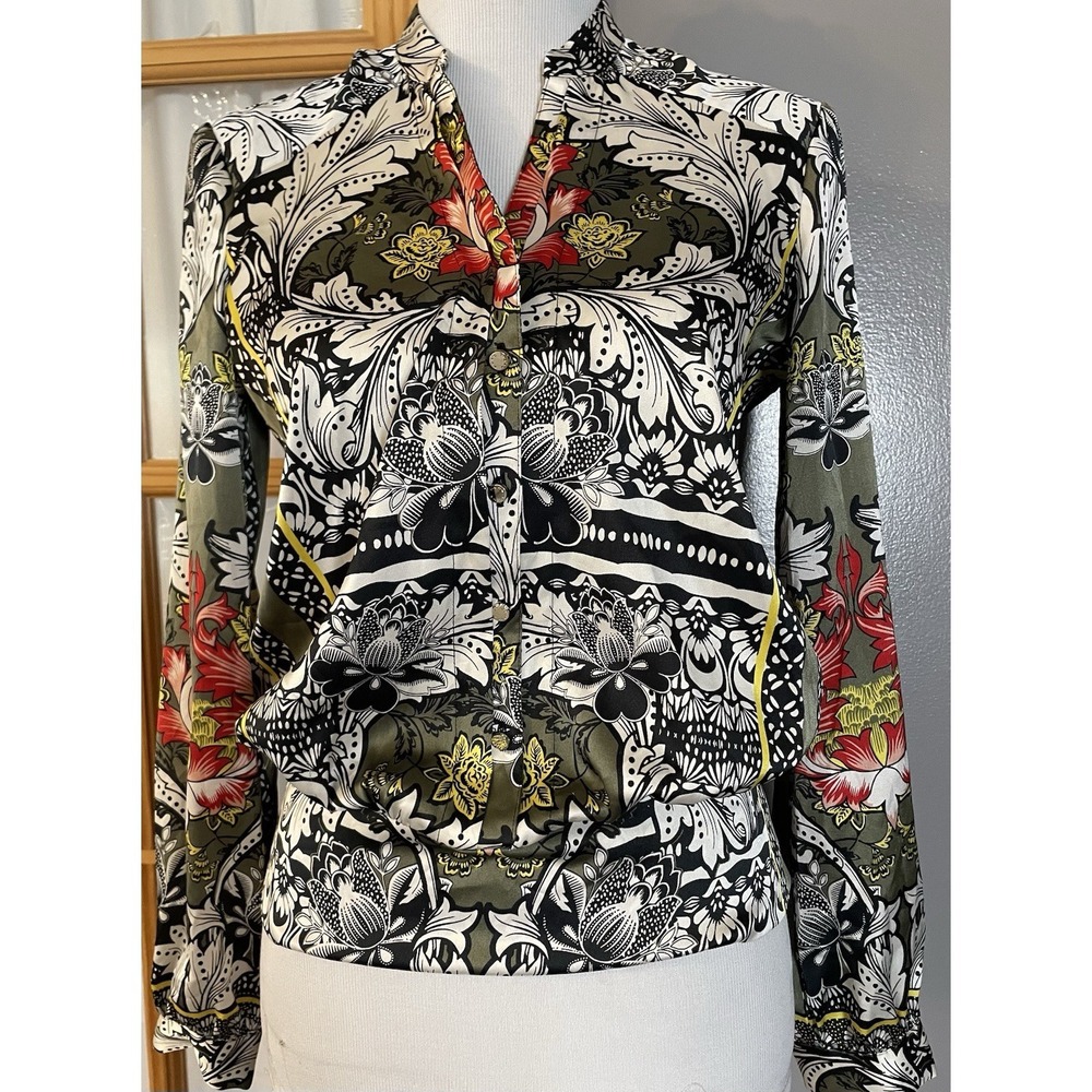 Bebe Floral Satin Blouson Blouse Sz S Black Olive Smocked Long Sleeve City Chic
